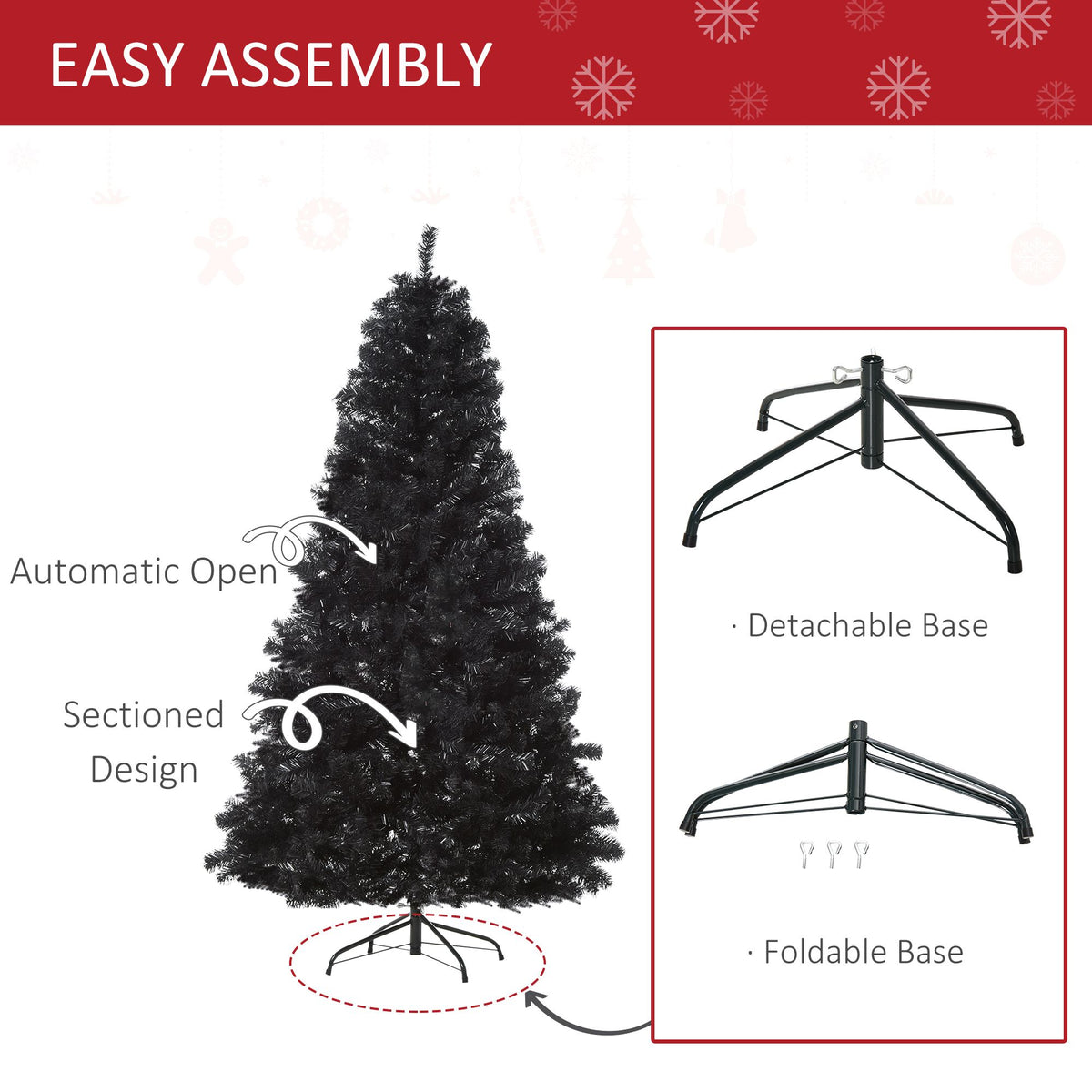 Black Christmas Tree 7ft – Unlit Artificial Tree with Auto-Open PVC Branches, Metal Base