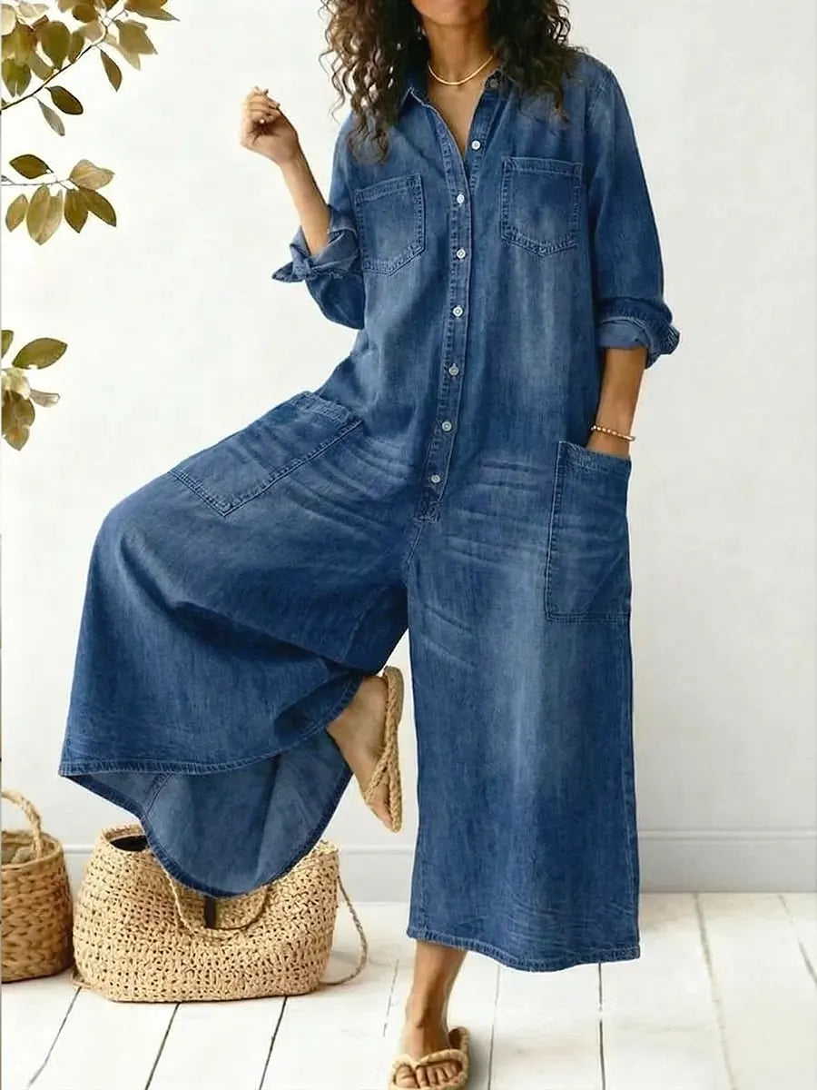 Jeen | Women's Denim Jumpsuit Long Sleeve Button Front Wide Leg