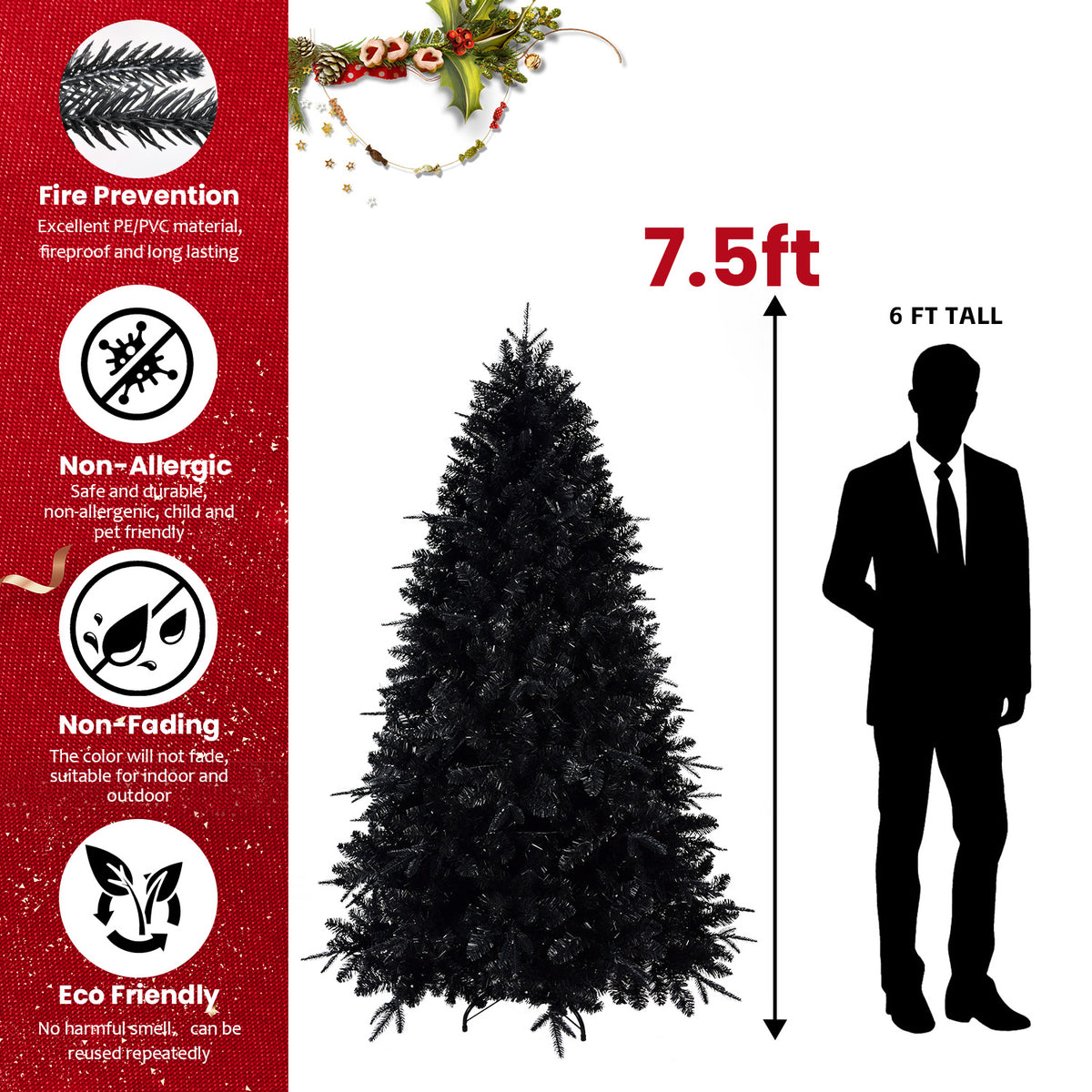 Pre-Lit Black Christmas Tree 5ft, 6ft, 7ft, 8ft – White Lights, PE/PVC Tips, Hinged Branches