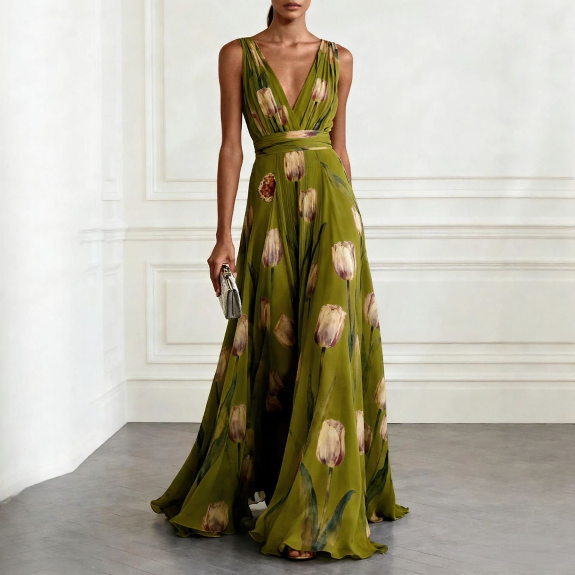 Women's Maxi Dress Tulip Print Wrap V-Neck Sleeveless