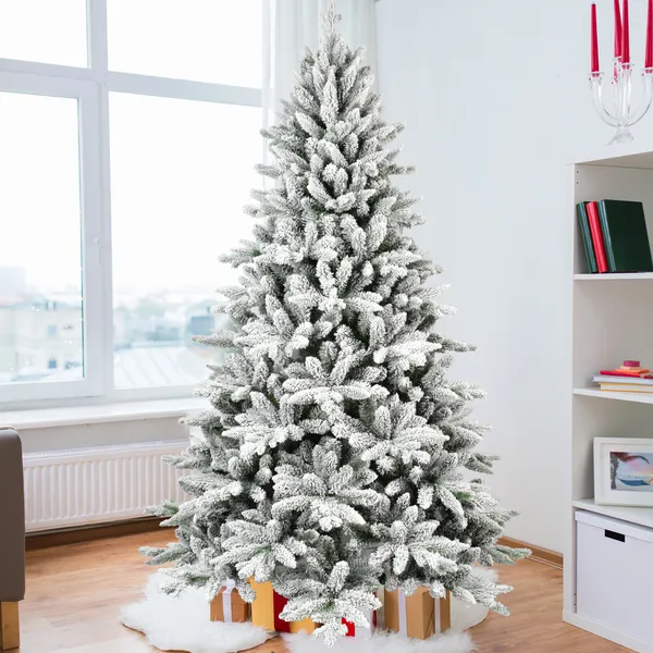 Unlit Snow Flocked Christmas Tree 7ft – Hinged Artificial Tree with 1514 PVC Branches, Sturdy Stand