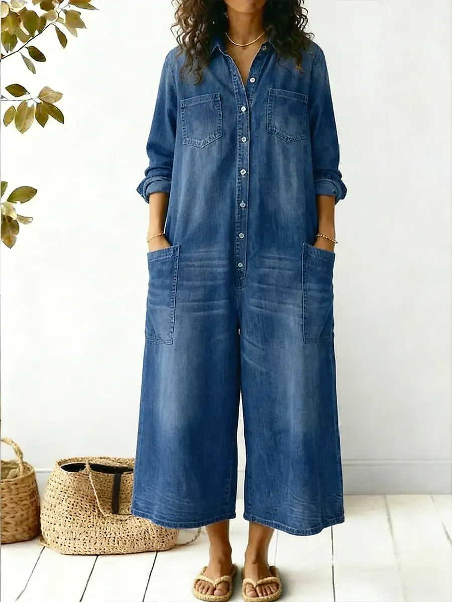 Jeen | Women's Denim Jumpsuit Long Sleeve Button Front Wide Leg