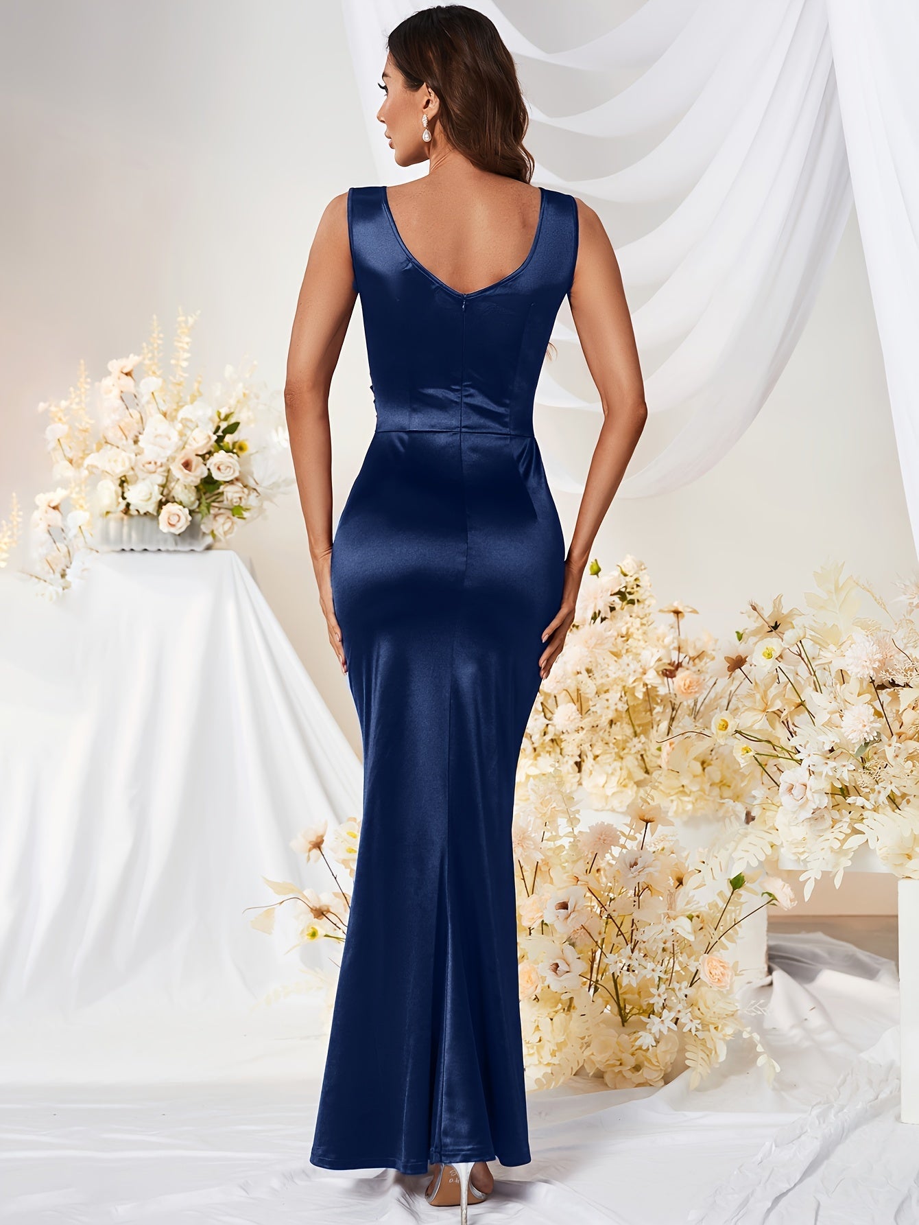 Women's Satin Maxi Dress Deep V-Neck Sleeveless Ruched Side Slit Bodycon Party Gown