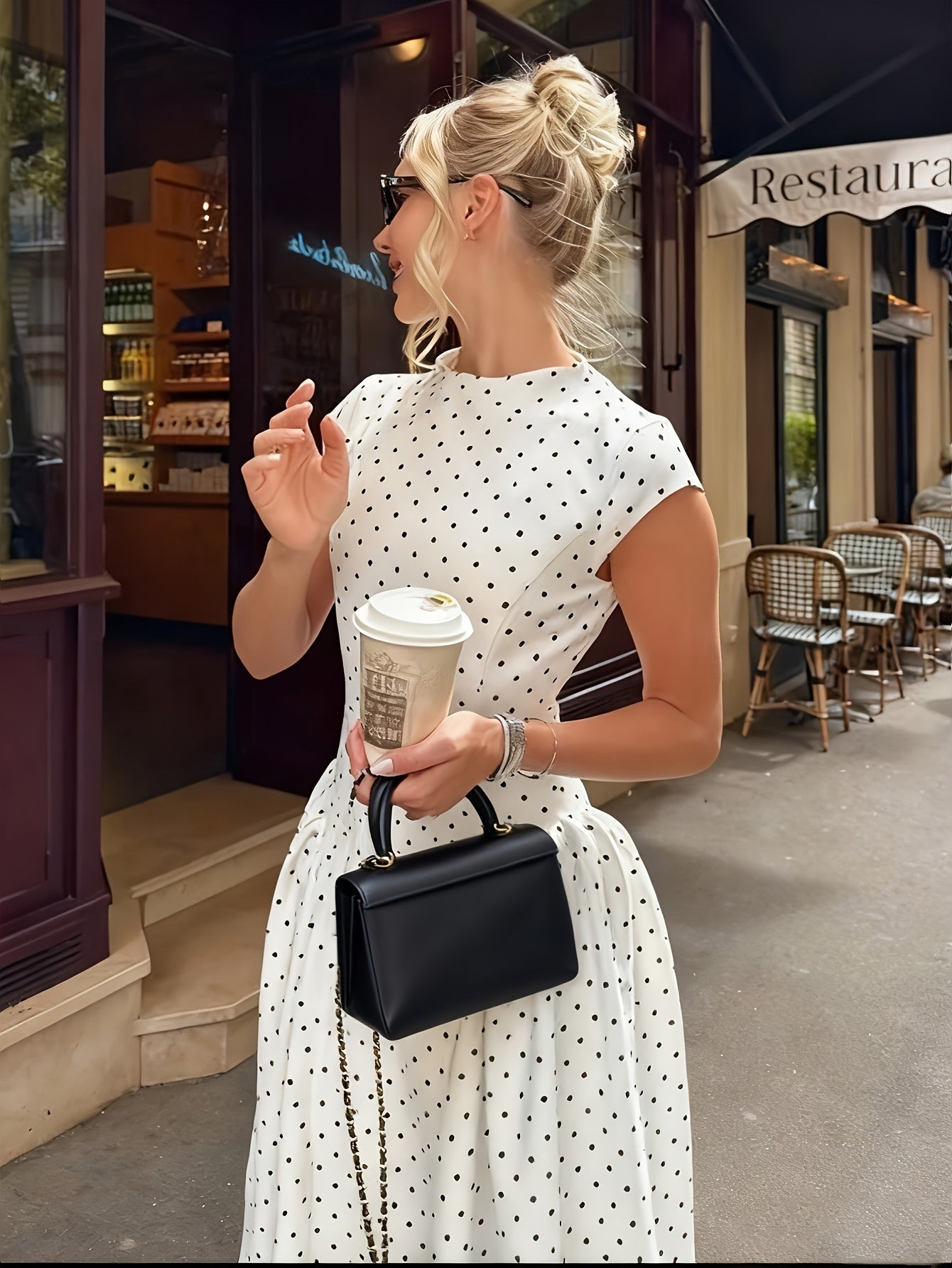 Women's Polka Dot Maxi Dress Mock Neck Cap Sleeve Ruched Waist A-Line Casual Wear