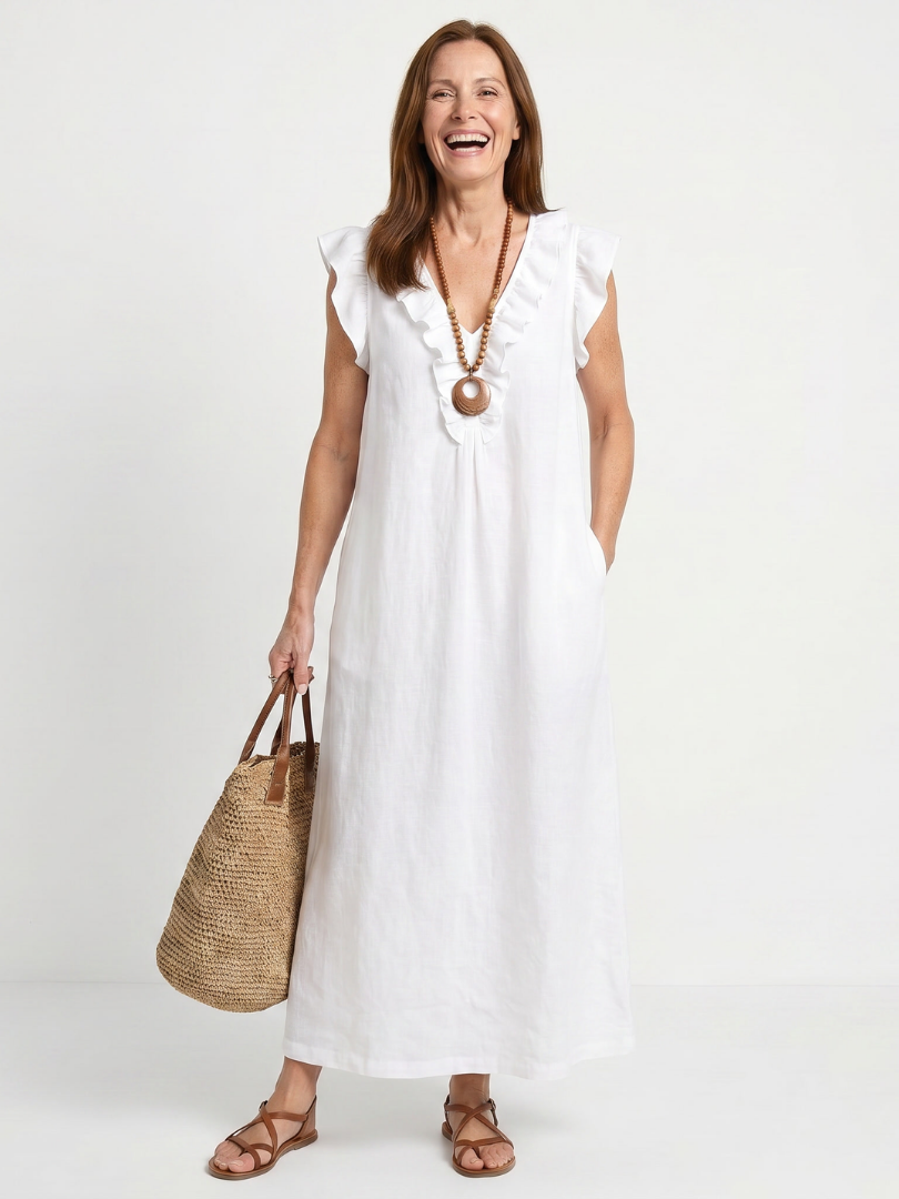 Women's Ruffle Trim V-Neck Sleeveless Midi Dress Blue Casual Beach