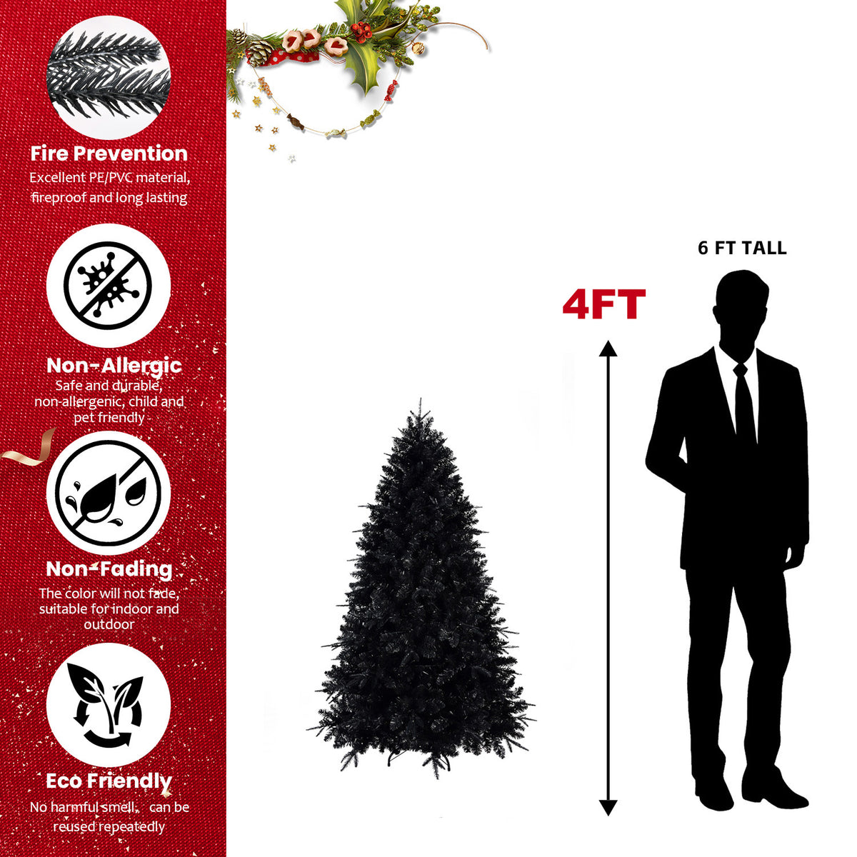 Pre-Lit Black Christmas Tree 5ft, 6ft, 7ft, 8ft – White Lights, PE/PVC Tips, Hinged Branches