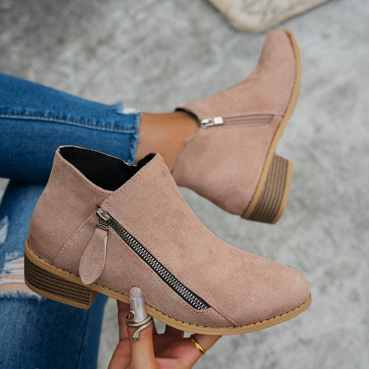 Elegant block heel side-zip ankle boots