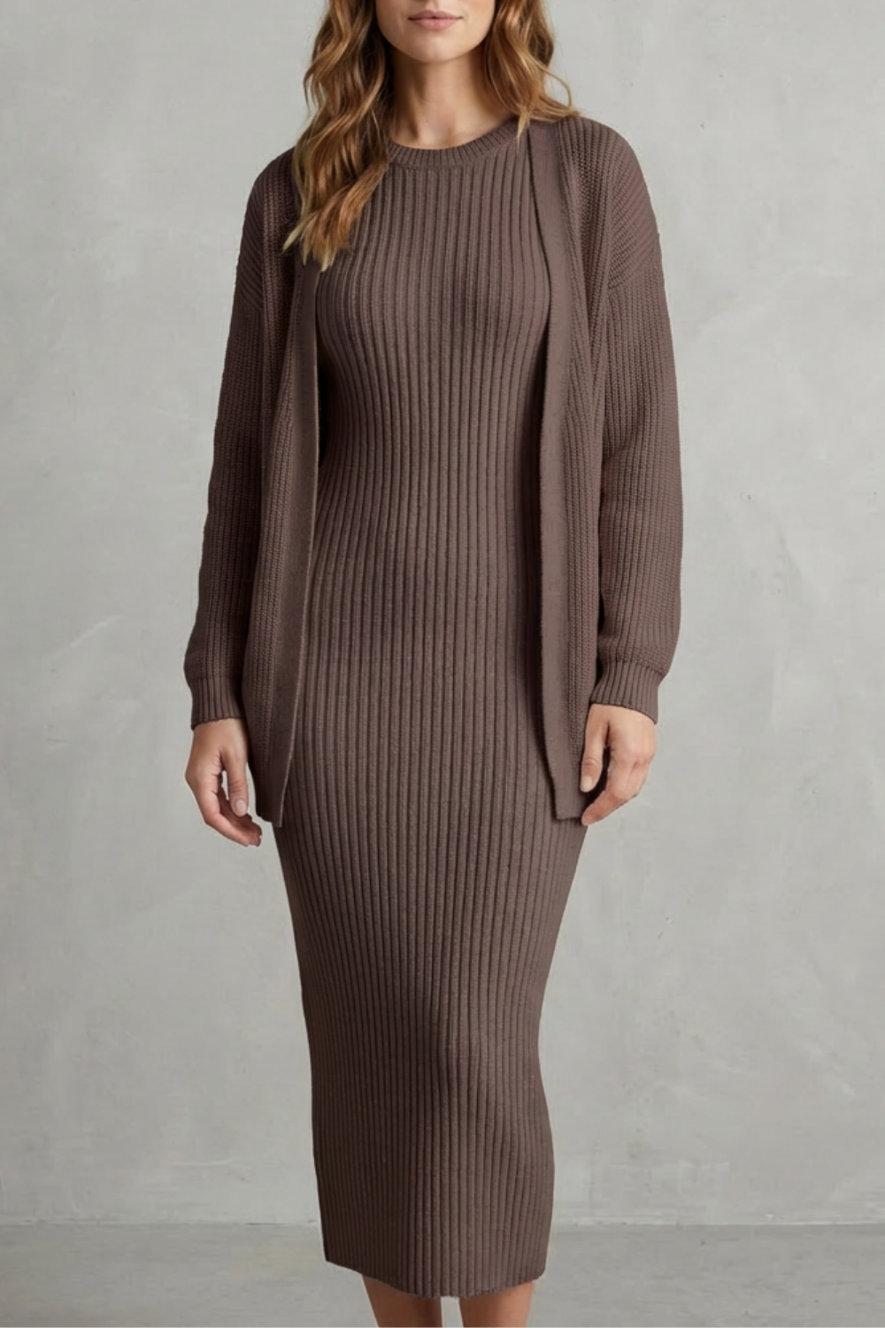 Selyn - Ribbed Knit Two-Piece Outfit with Dress and Cardigan