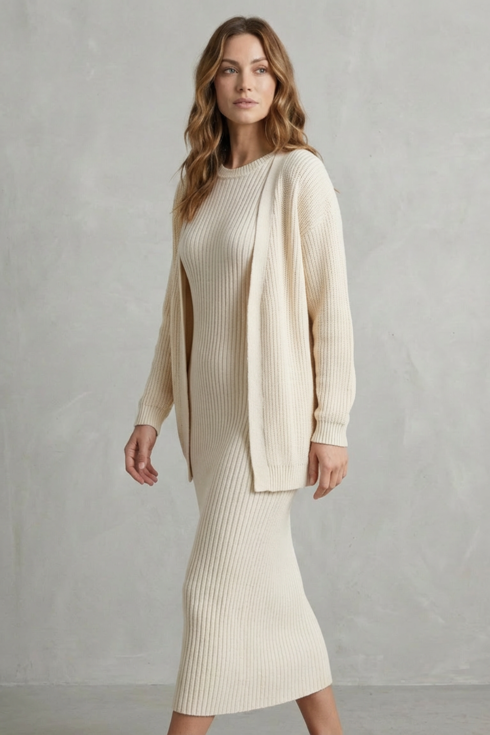 Selyn - Ribbed Knit Two-Piece Outfit with Dress and Cardigan