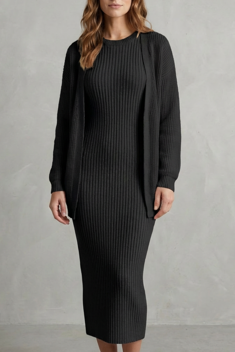 Selyn - Ribbed Knit Two-Piece Outfit with Dress and Cardigan