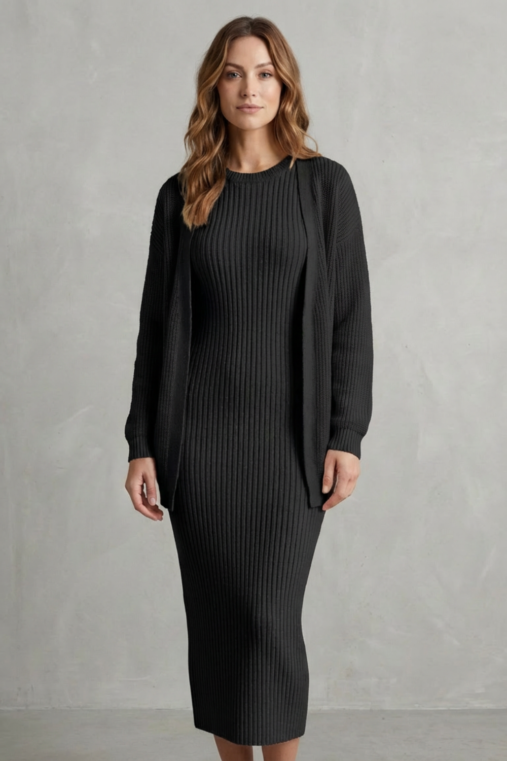 Selyn - Ribbed Knit Two-Piece Outfit with Dress and Cardigan