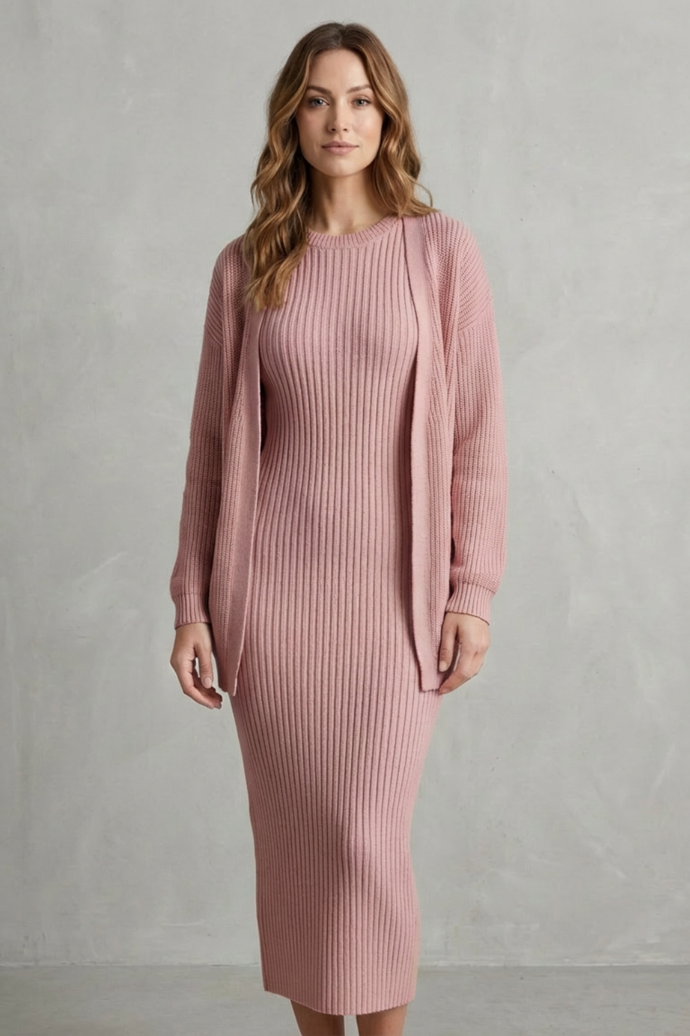 Selyn - Ribbed Knit Two-Piece Outfit with Dress and Cardigan
