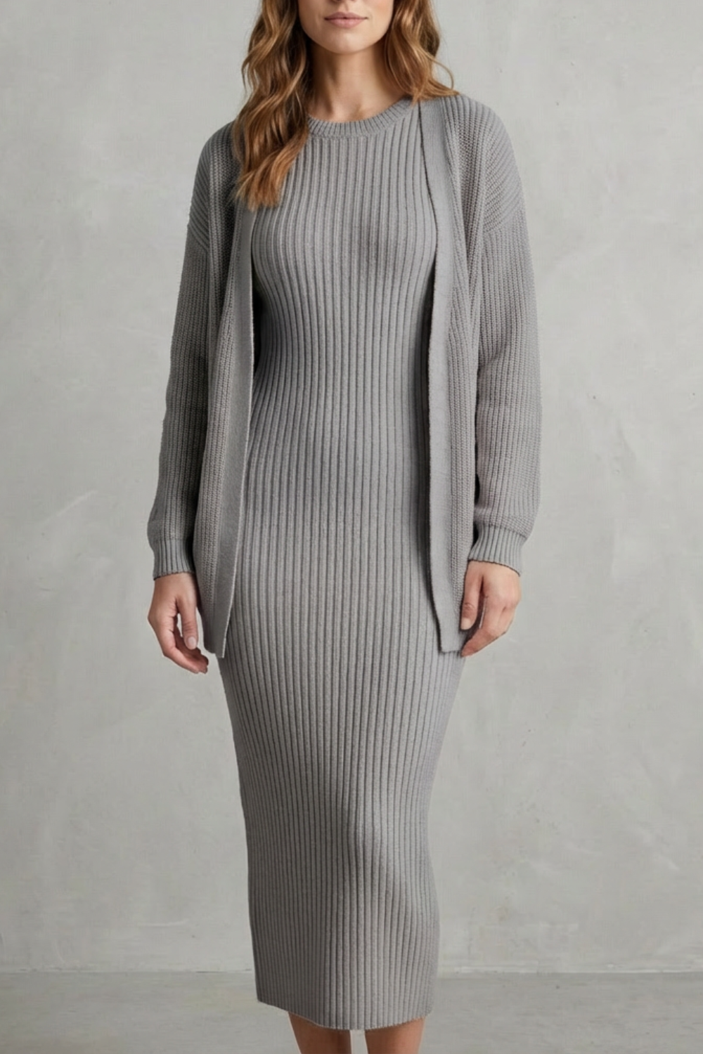 Selyn - Ribbed Knit Two-Piece Outfit with Dress and Cardigan