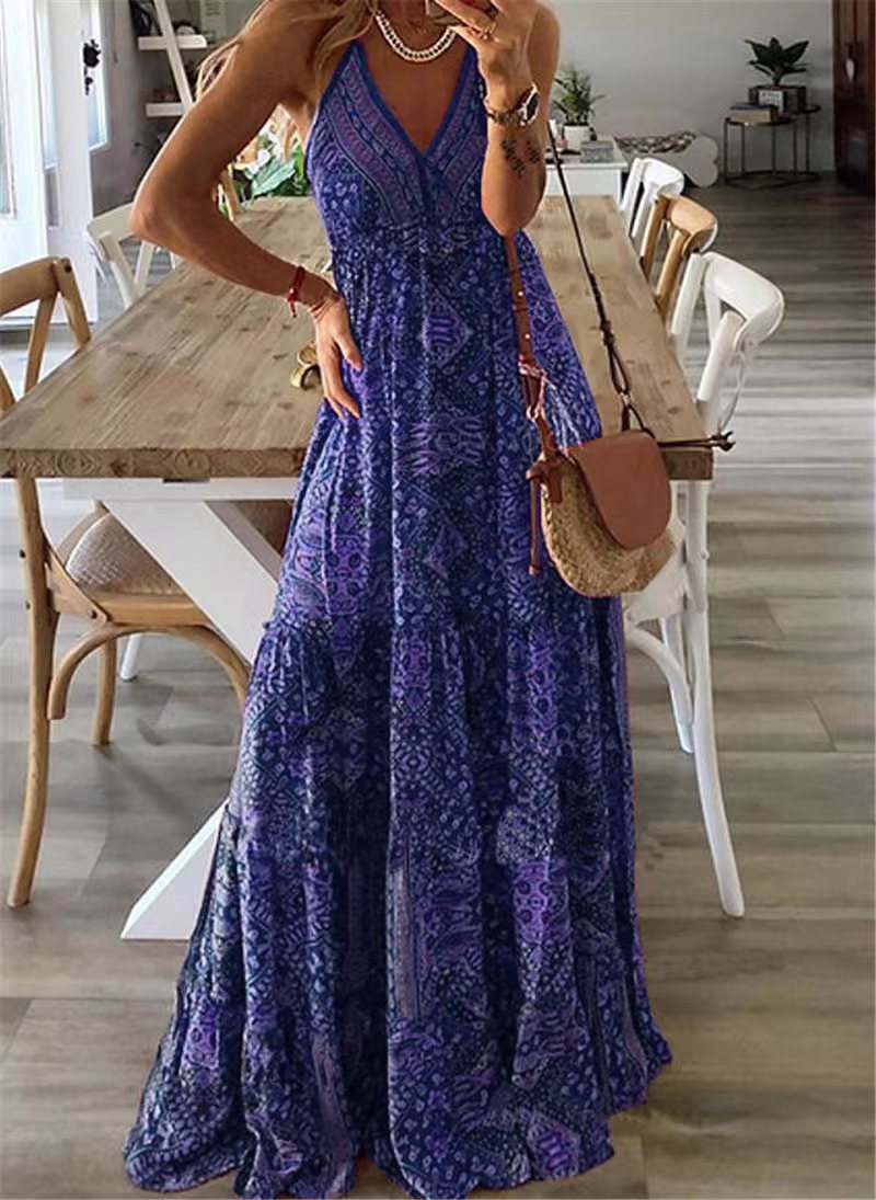Women's Maxi Dress V-Neck Spaghetti Straps Flowy Draped Casual