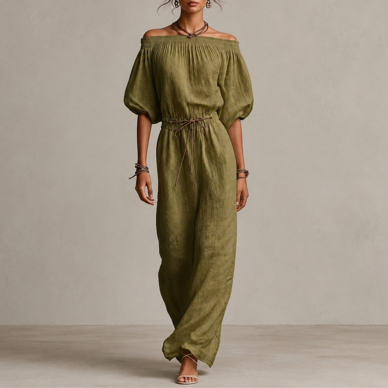 Women's Off Shoulder Maxi Dress Puff Sleeve Tie Waist Linen Boho Beach