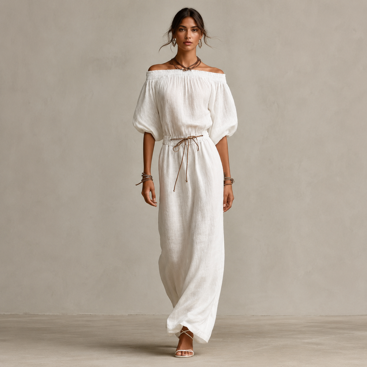 Women's Off Shoulder Maxi Dress Puff Sleeve Tie Waist Linen Boho Beach