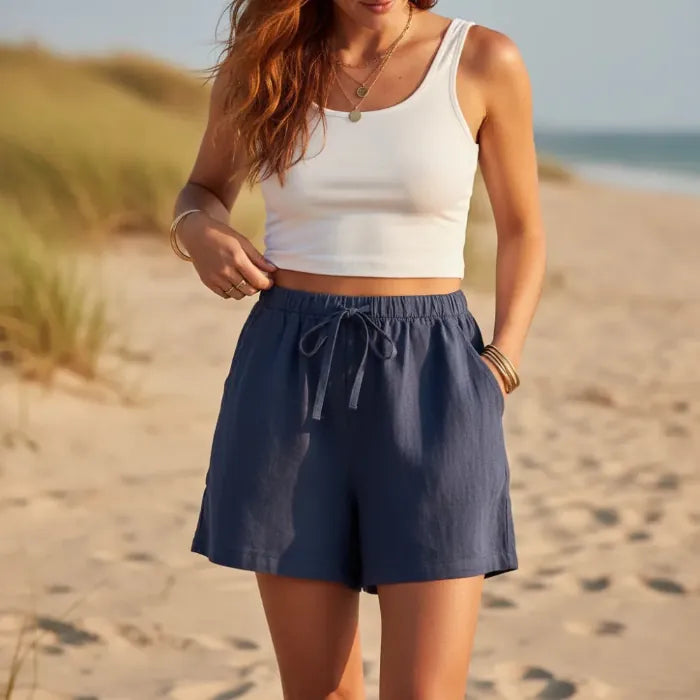Women's Linen-Look Shorts Elastic Drawstring Waist Side Pockets