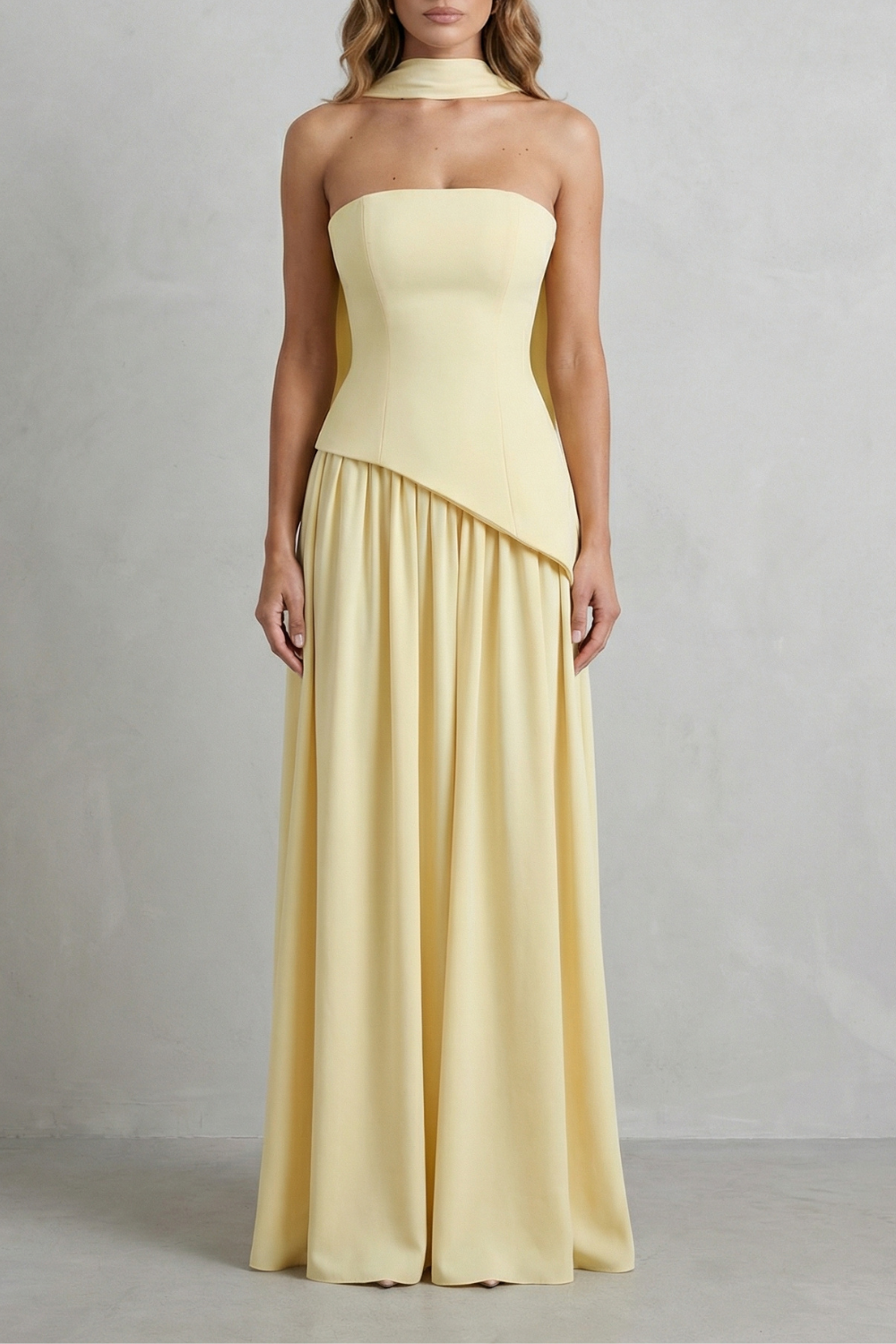 Women's Strapless Maxi Dress High Slit Draped Asymmetric Hem Corset Back
