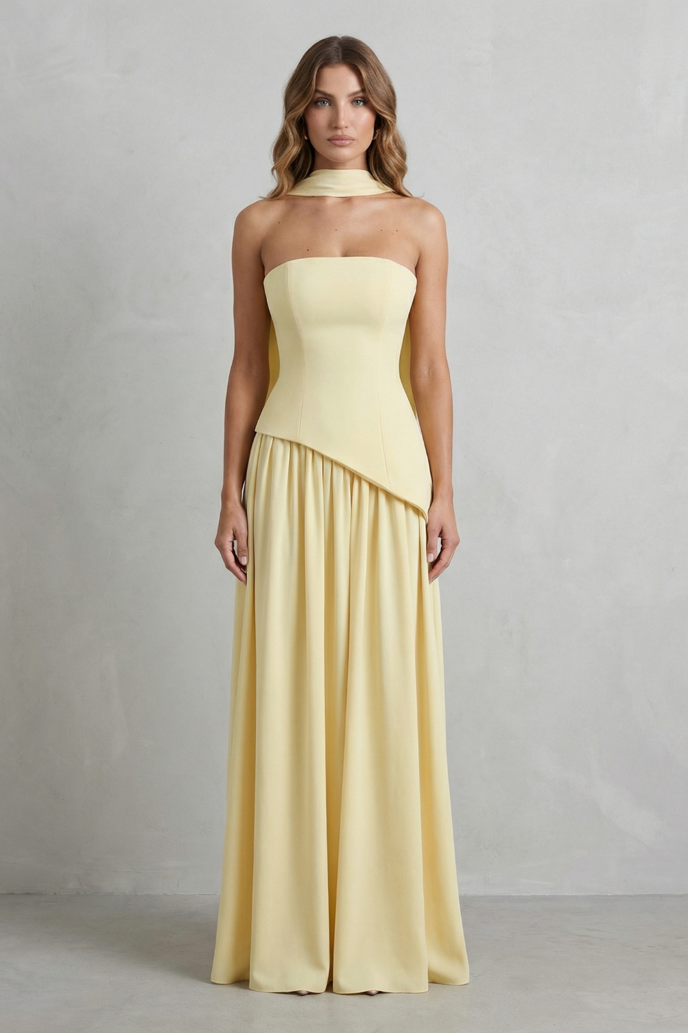 Women's Strapless Maxi Dress High Slit Draped Asymmetric Hem Corset Back