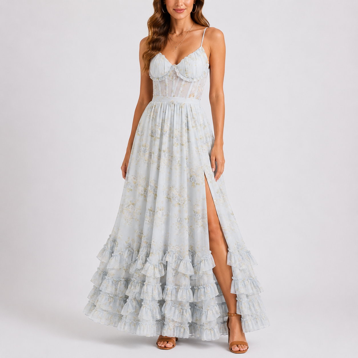 Women's Floral Corset Maxi Dress V-Neck High Slit Ruffle Hem Lace-Up Back