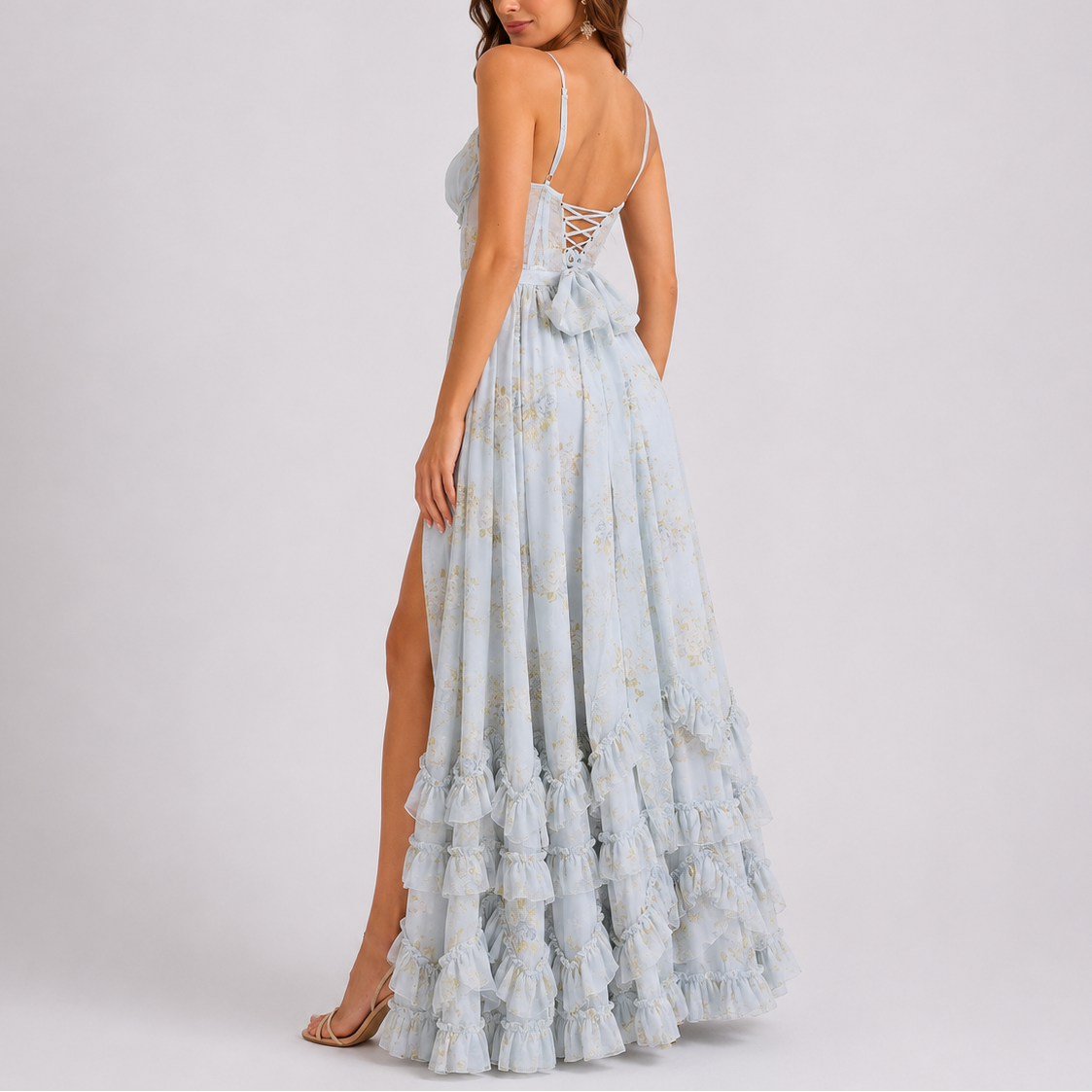 Women's Floral Corset Maxi Dress V-Neck High Slit Ruffle Hem Lace-Up Back