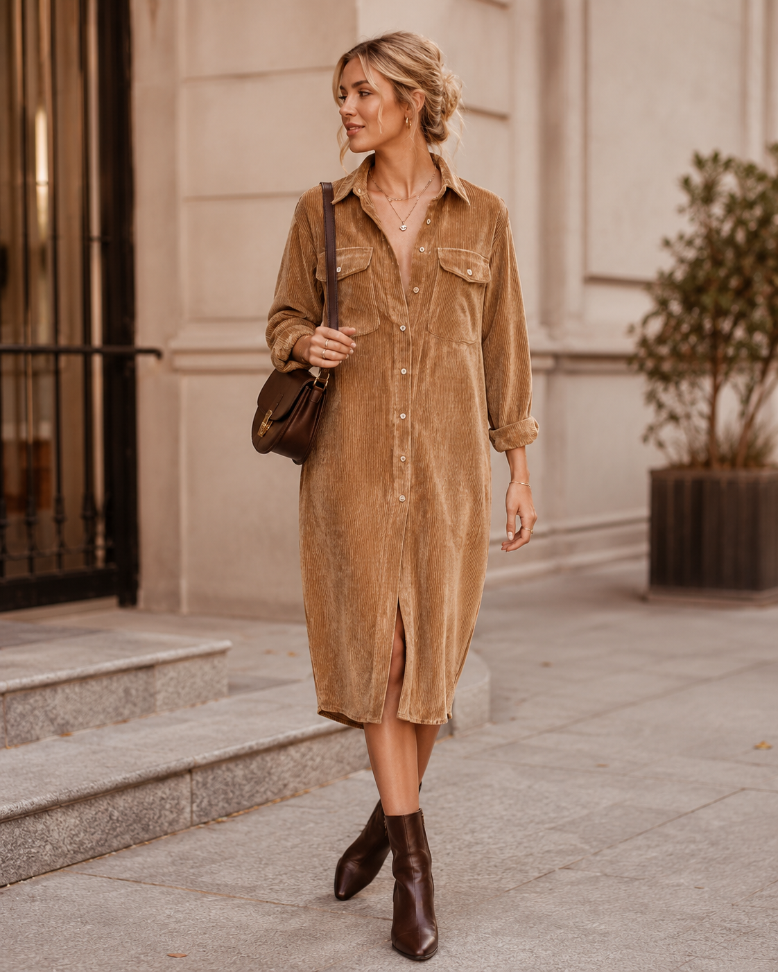 Elle | Women's Fall Dress Corduroy Midi Shirt