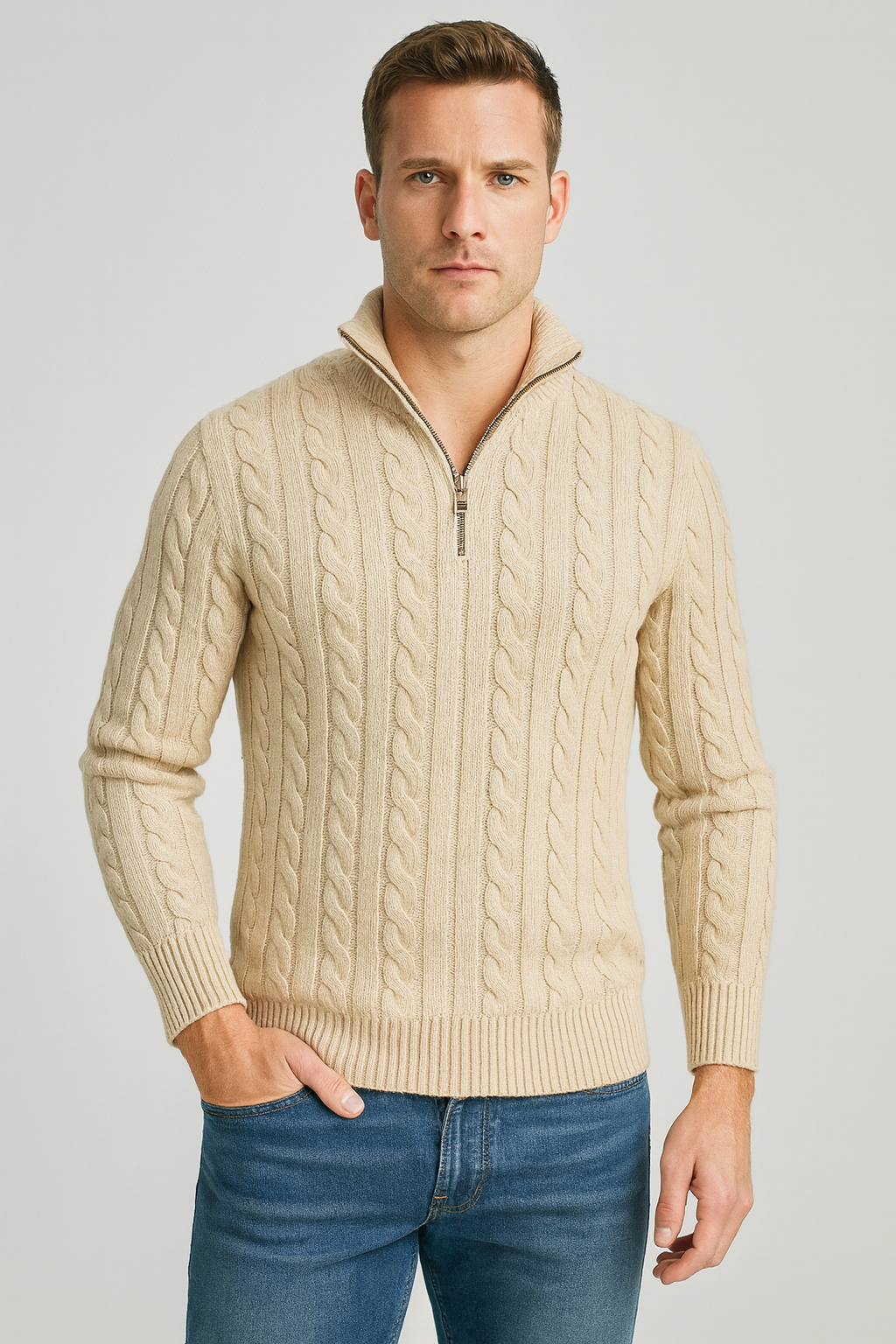 Men's Cable-Knit Half-Zip Sweater with High Collar