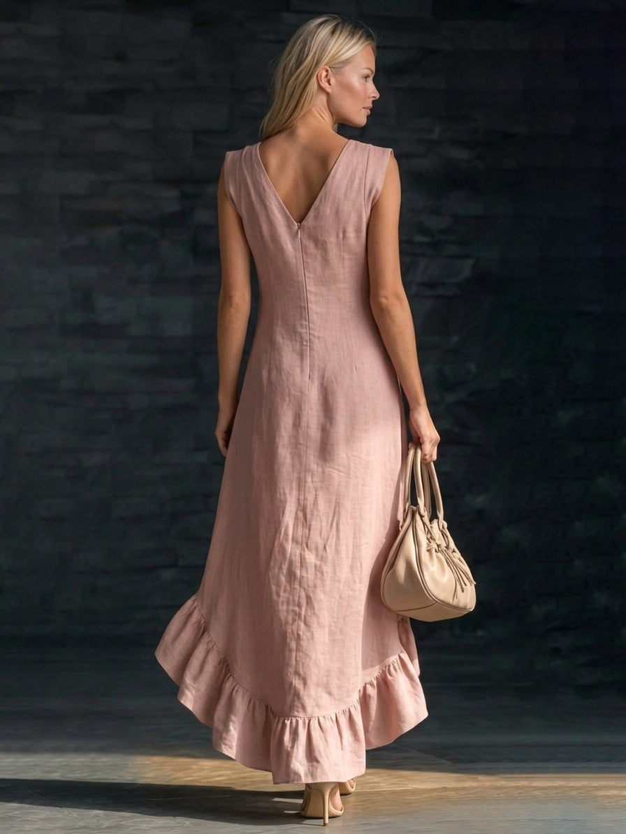Women's Linen Maxi Dress V-Neck Ruffle Asymmetric Hem Sleeveless Beach