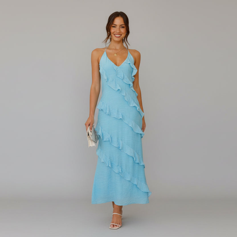 Women's Ruffle Maxi Dress V-Neck Tiered Spaghetti Strap Backless Party Formal