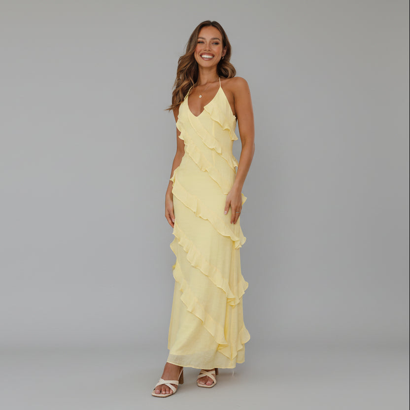 Women's Ruffle Maxi Dress V-Neck Tiered Spaghetti Strap Backless Party Formal