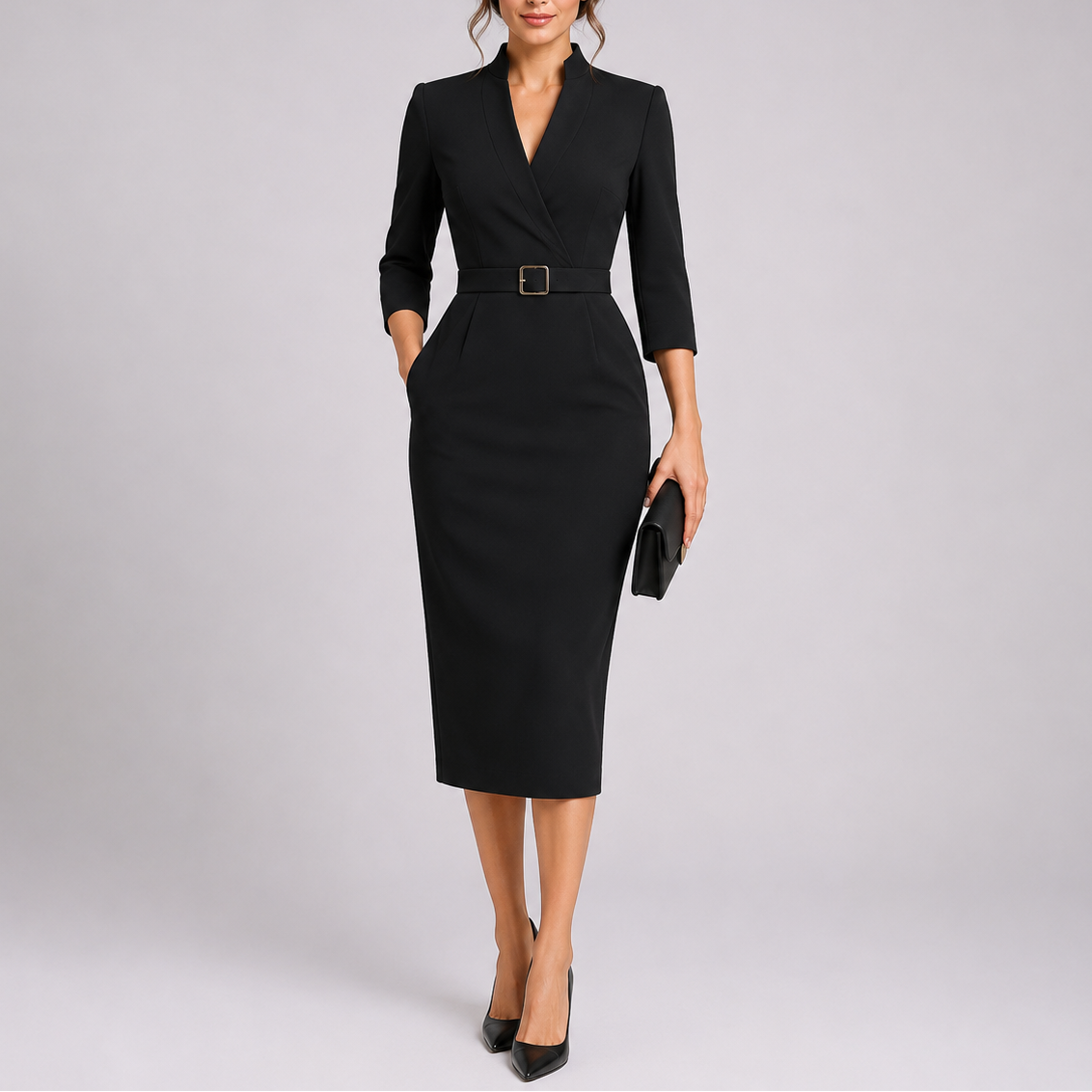Women's Belted Midi Dress V-Neck 3/4 Sleeve Bodycon Pencil Office Workwear