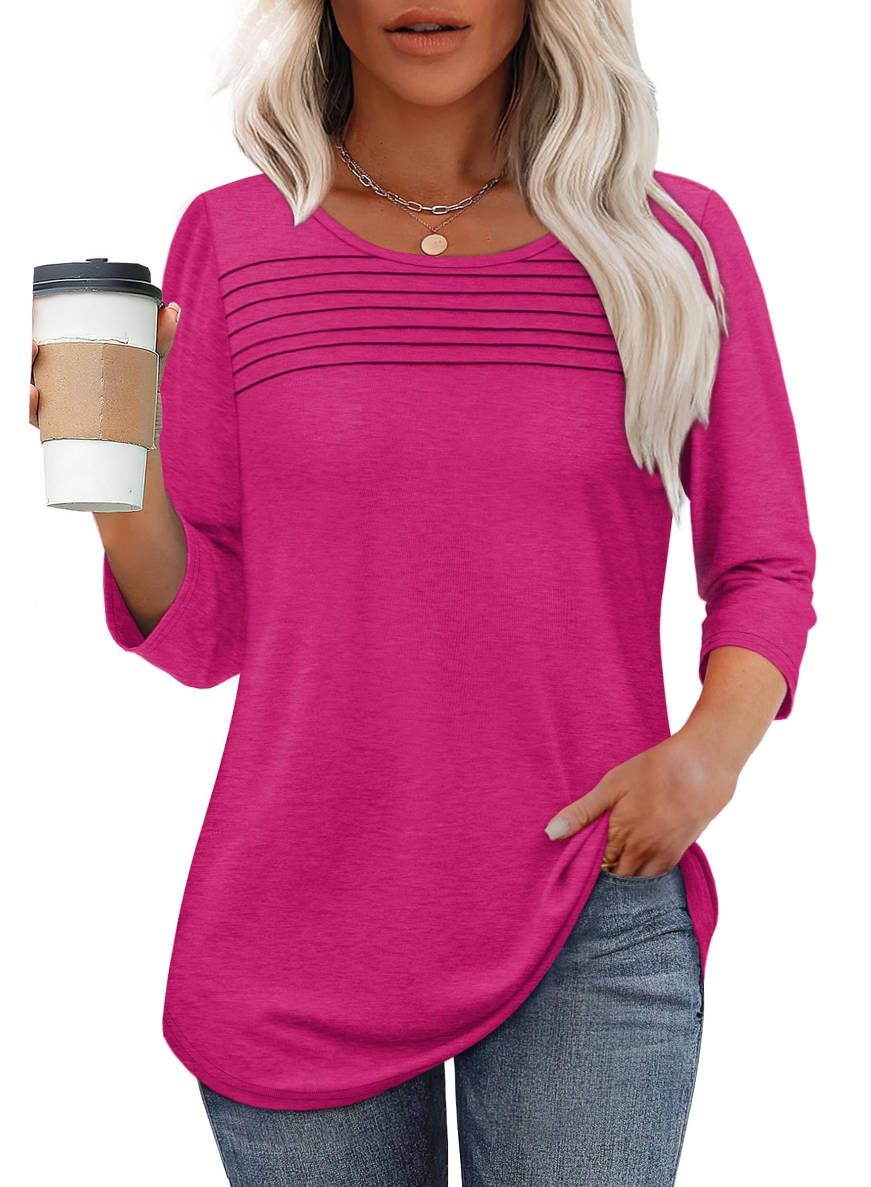 Lena | Women's Crew Neck 3/4 Sleeve Pleated Chest Top