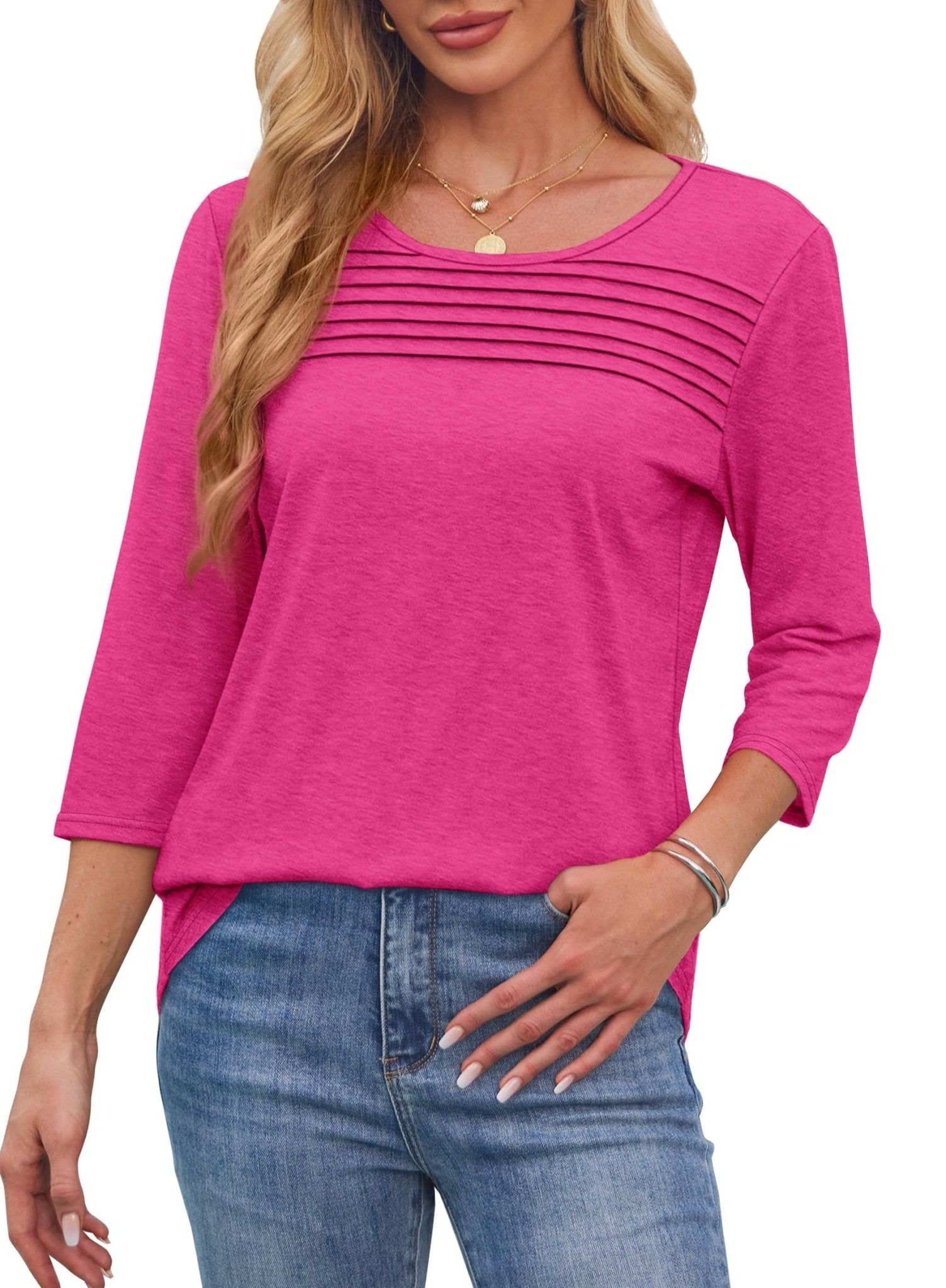 Lena | Women's Crew Neck 3/4 Sleeve Pleated Chest Top