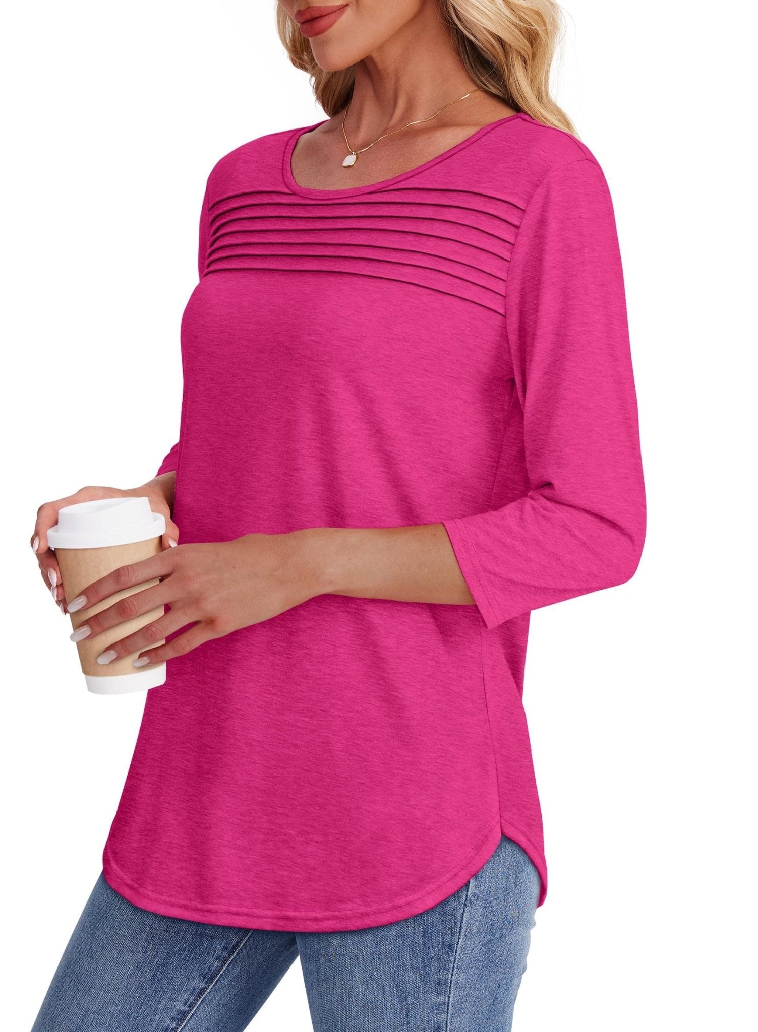 Lena | Women's Crew Neck 3/4 Sleeve Pleated Chest Top