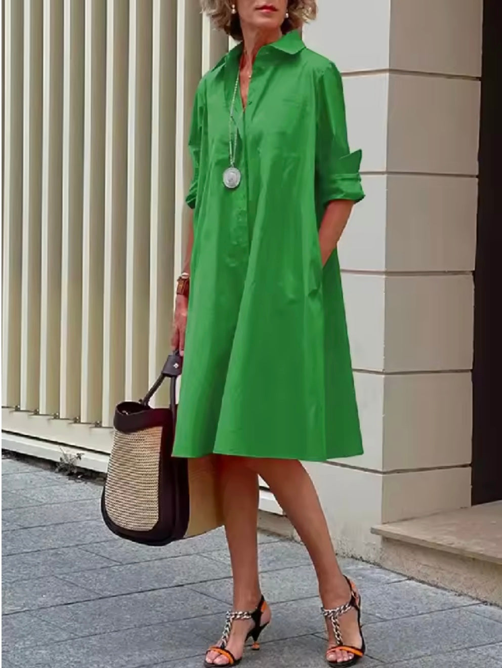 Women's Shirt Dress Short Sleeve Button Closure Midi Length