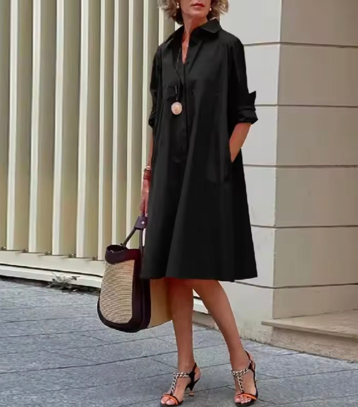 Women's Shirt Dress Short Sleeve Button Closure Midi Length