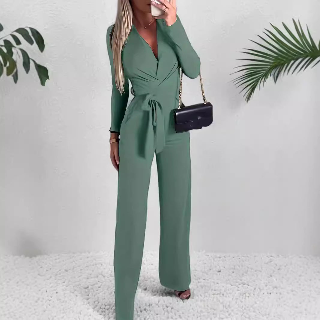 Vivienne | Women's Wide Leg Jumpsuit V-Neck Tie Waist