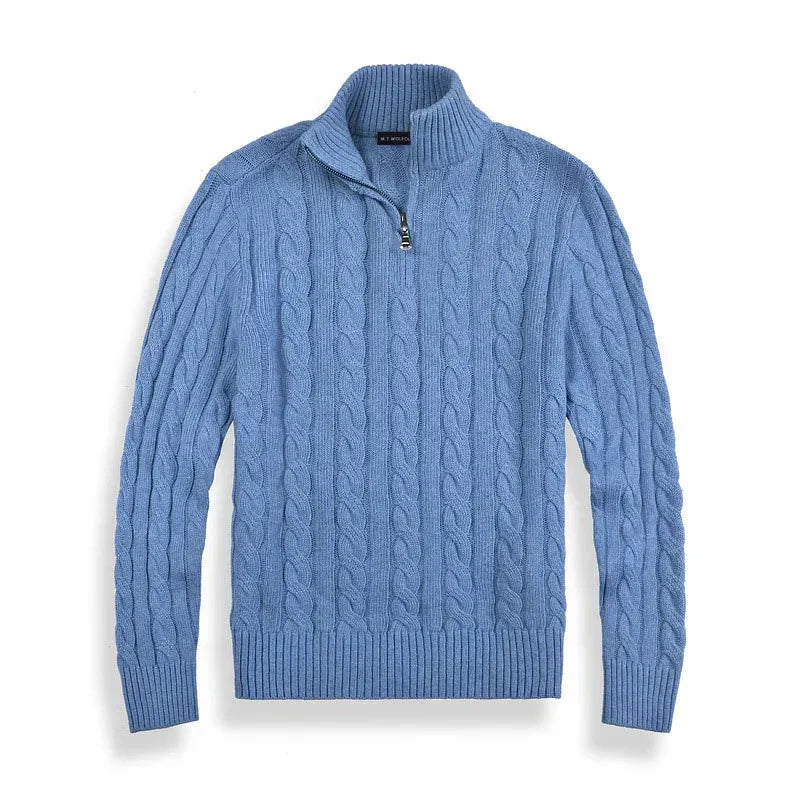 Men's Cable-Knit Half-Zip Sweater with High Collar
