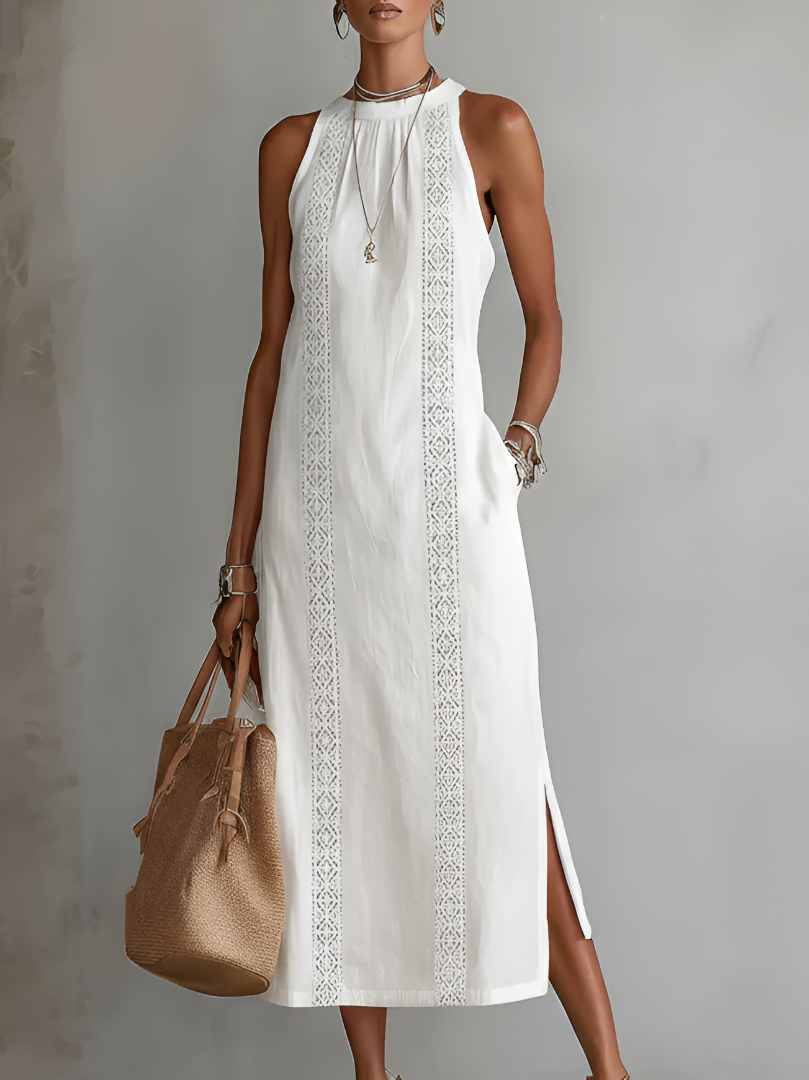 Women's Halter Neck Midi Dress Sleeveless Lace Trim Side Slit Linen-Blend Beach