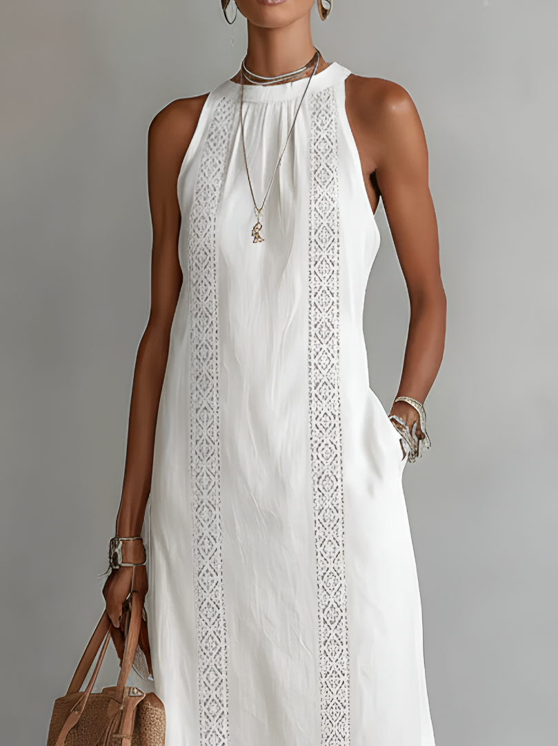 Women's Halter Neck Midi Dress Sleeveless Lace Trim Side Slit Linen-Blend Beach