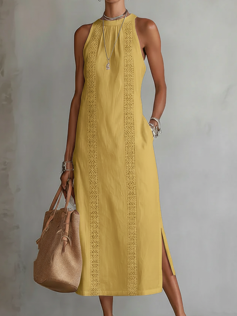 Women's Halter Neck Midi Dress Sleeveless Lace Trim Side Slit Linen-Blend Beach