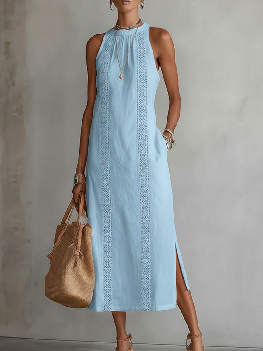 Women's Halter Neck Midi Dress Sleeveless Lace Trim Side Slit Linen-Blend Beach
