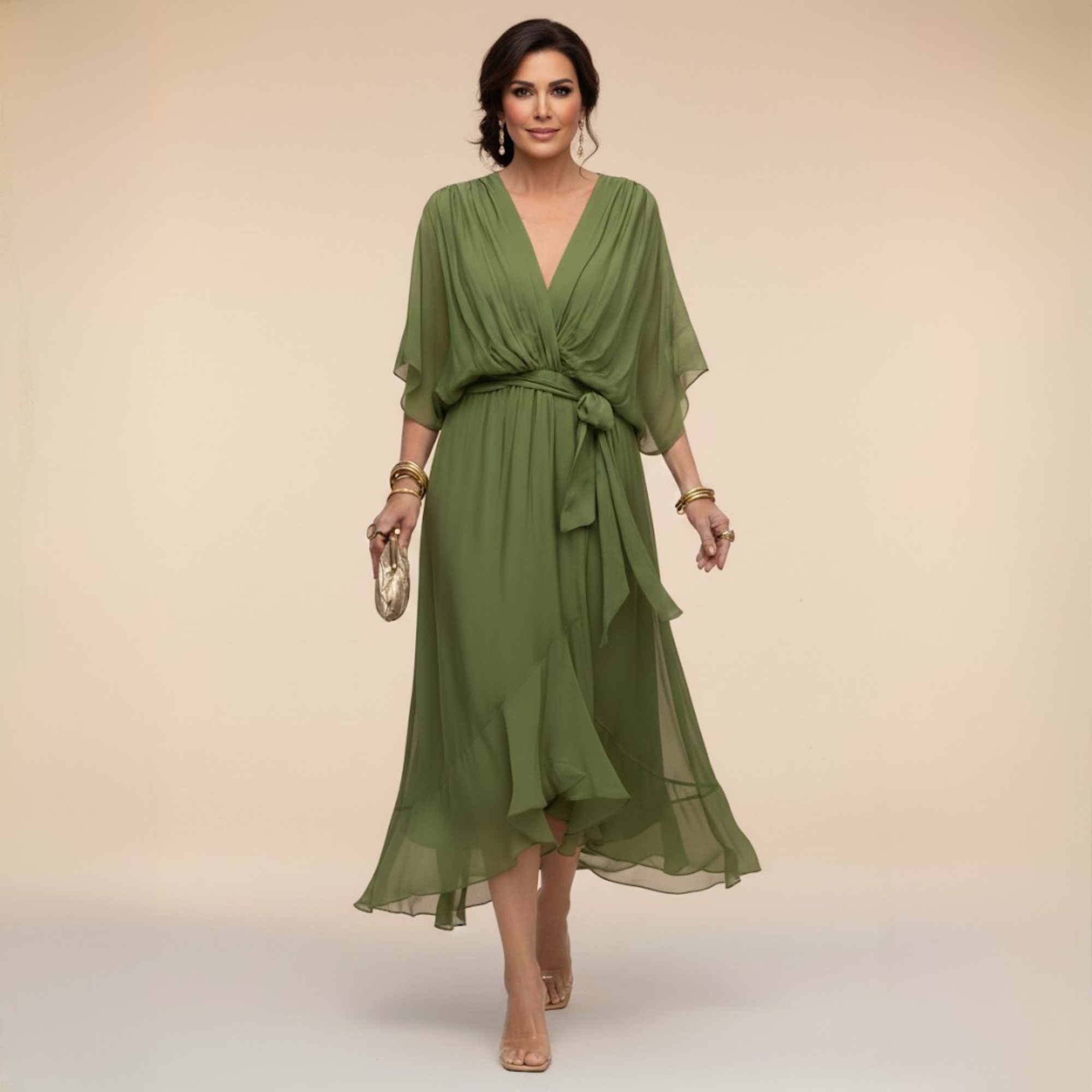 Women's Wrap Midi Dress V-Neck Batwing Sleeve Belted Ruffle Hem Cocktail Party