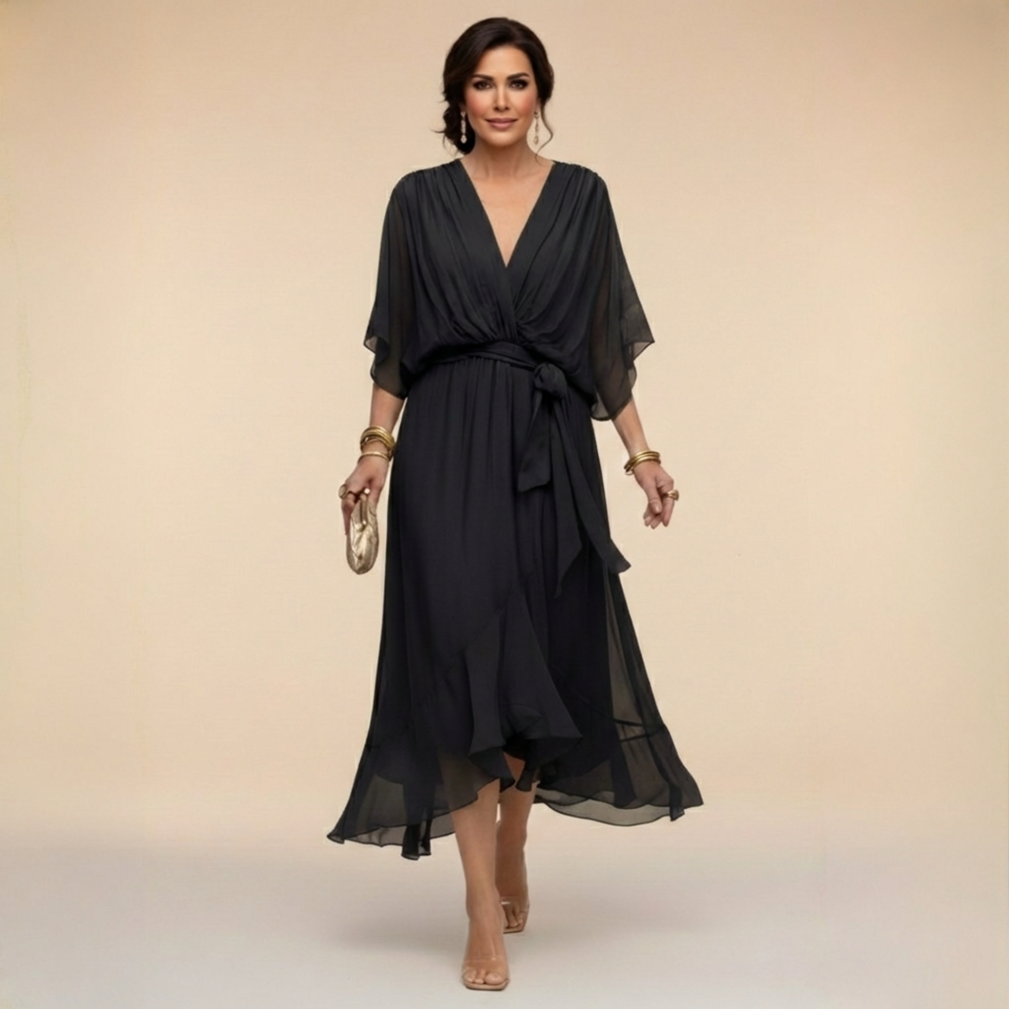 Women's Wrap Midi Dress V-Neck Batwing Sleeve Belted Ruffle Hem Cocktail Party