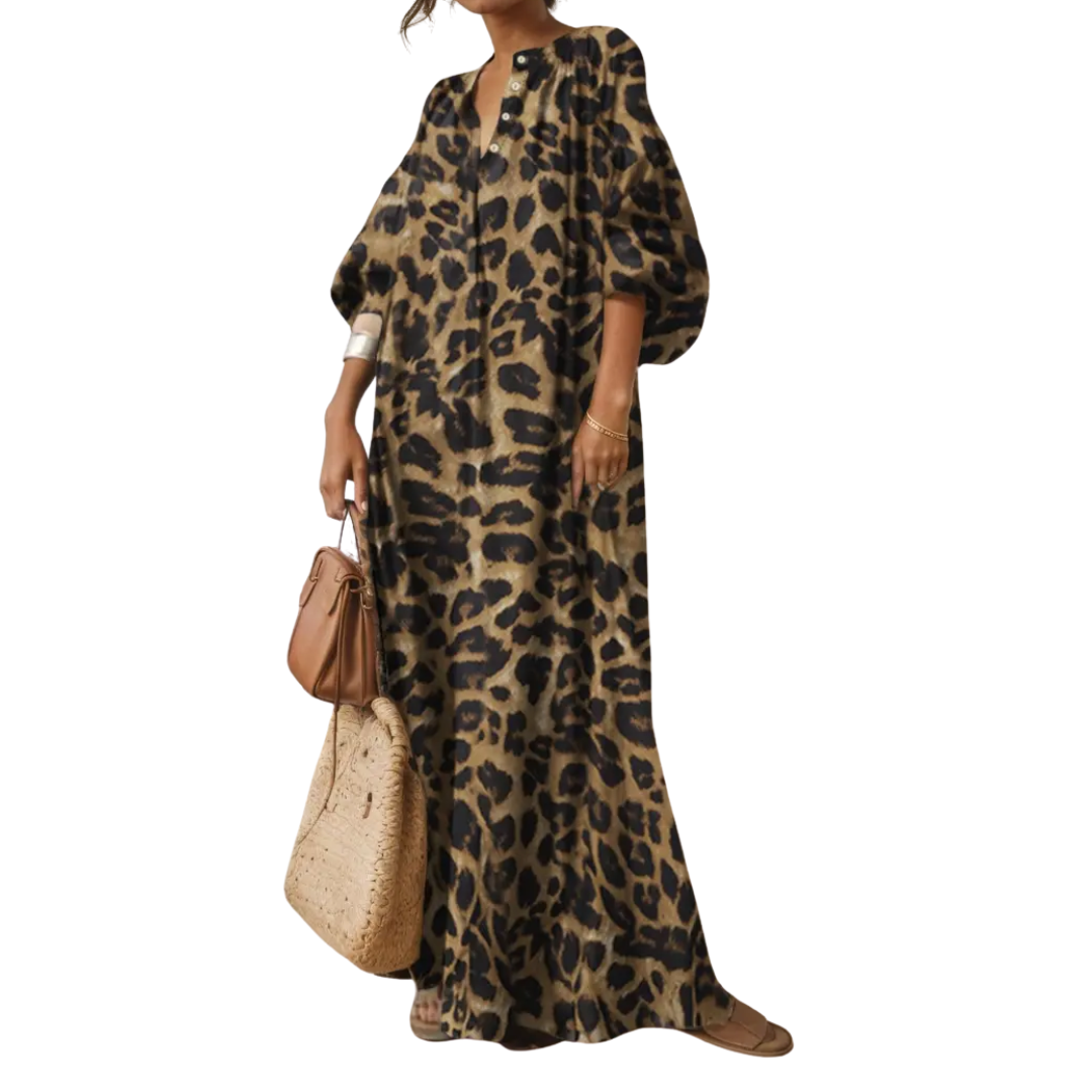 Maisie | Women's Leopard Print Maxi Dress Puff Sleeves Boho