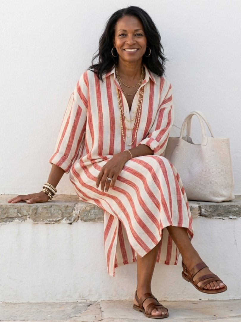 Women's Striped Shirt Dress V-Neck Long Sleeve Collared Midi Beach Casual