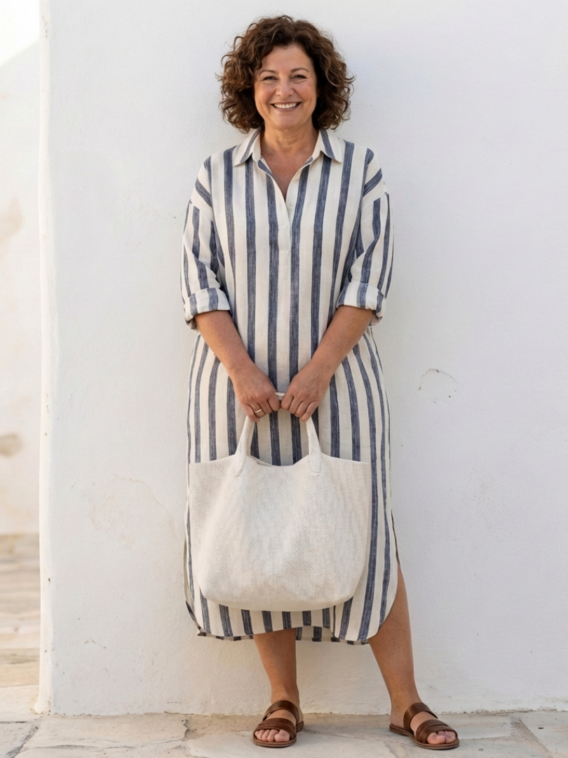 Women's Striped Shirt Dress V-Neck Long Sleeve Collared Midi Beach Casual