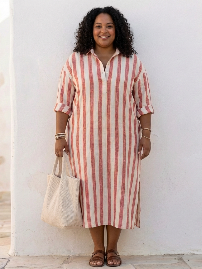 Women's Striped Shirt Dress V-Neck Long Sleeve Collared Midi Beach Casual