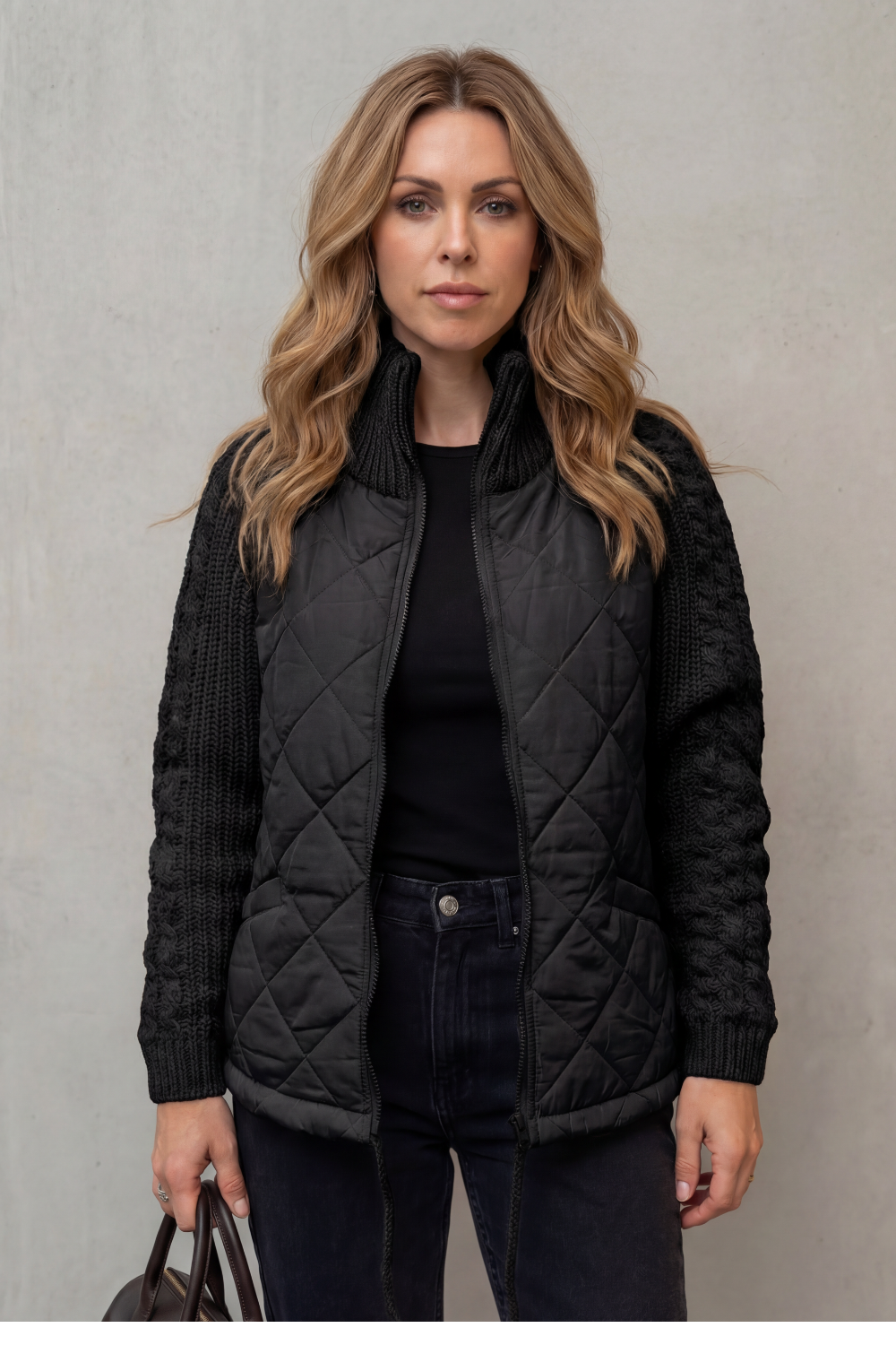 Women's Quilted Puffer Jacket Cable Knit Sleeves Zip Up Stand Collar