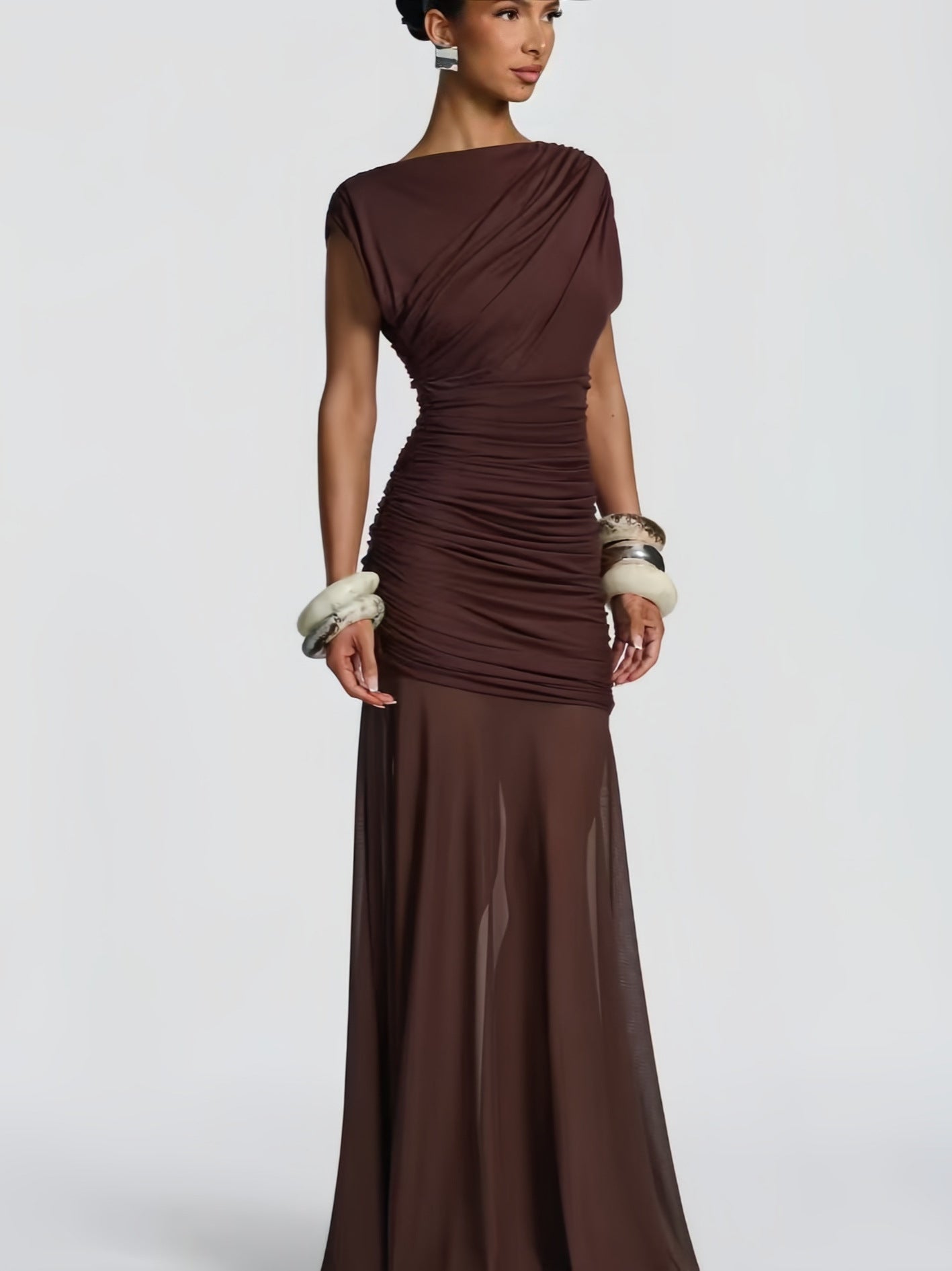 Women's Bodycon Maxi Dress Boat Neck Cap Sleeve Ruched Mesh Panel Slim Fit Party Wear